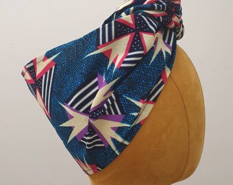 African Print Mini Headwrap headband Turban Head Tie Ankara Navy Blue White Pink Print Rockabilly Style