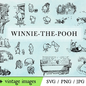 Vintage Winnie the Pooh Storybook Clipart Svg, Png, Dxf, Jpg instant download vector file