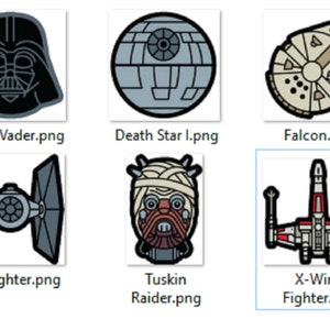 May include: A set of 10 Star Wars character and vehicle icons. The icons are in a grid format and are all in a cartoon style. The icons include C-3PO, Darth Vader, Death Star, Millennium Falcon, K2-SO, R2-D2, Tie Fighter, Tusken Raider, X-Wing Fighter.