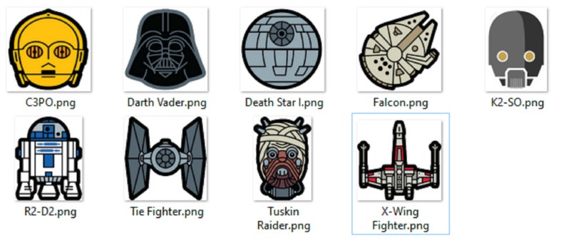 May include: A set of 10 Star Wars character and vehicle icons. The icons are in a grid format and are all in a cartoon style. The icons include C-3PO, Darth Vader, Death Star, Millennium Falcon, K2-SO, R2-D2, Tie Fighter, Tusken Raider, X-Wing Fighter.