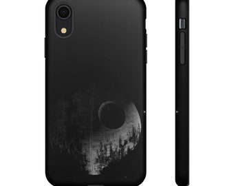 Puede incluir: Funda de teléfono negra con una imagen blanca de la Estrella de la Muerte de Star Wars.