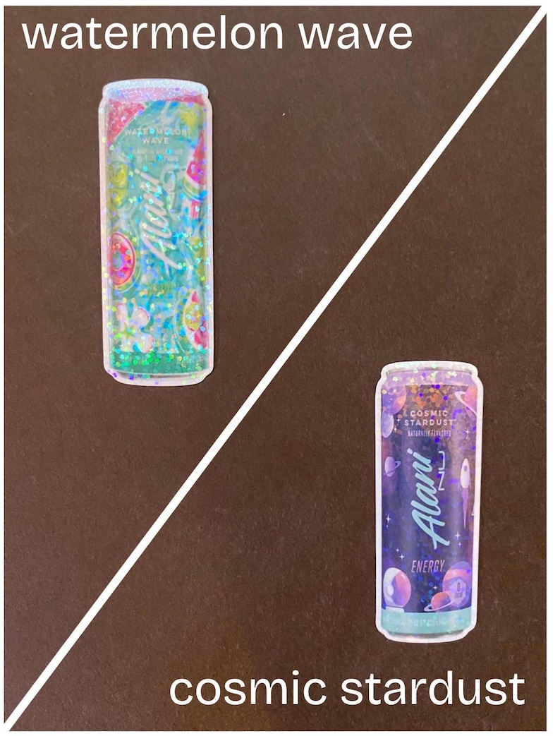 May include: Two colorful, glittery, aluminum cans with a holographic effect. The can on the left says "Watermelon Wave" and the can on the right says "Cosmic Stardust". Both cans are decorated with a design that matches the flavor.