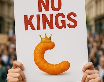 May include: A white sign with the words "NO KINGS" in red lettering, held up by a person. A cheesy snack with a gold crown is on the sign. The person is looking at the camera.