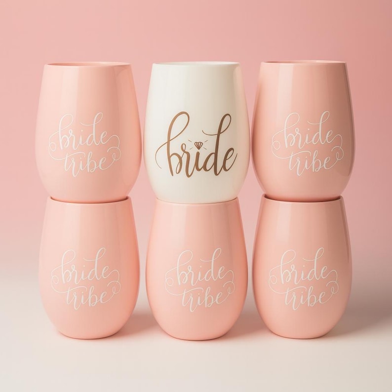 A set of six pastel-colored stemless wine glasses arranged in two rows. Five glasses are light pink with the words “bride tribe” in white cursive, and the center glass is white with the word “bride” in elegant brown script featuring a small diamond design. The setup is in a studio with soft pink background and polished lighting.