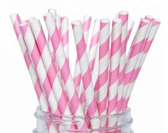 100 Piece Pink White Paper Drinking Straws biodegradable eco-friendly drink restaurants party straw tableware (100 Piece, 7.75" Pink/White)