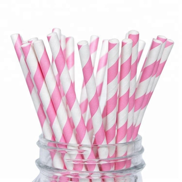 100 Piece Pink White Paper Drinking Straws biodegradable eco-friendly drink restaurants party straw tableware (100 Piece, 7.75" Pink/White)