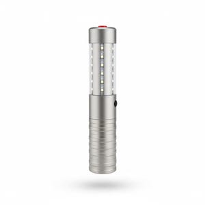 May include: A silver LED torch with a clear cylindrical lens housing multiple small lights. The top has a red button, and the base features a ridged design. A black button is on the side. The torch is designed to be handheld.
