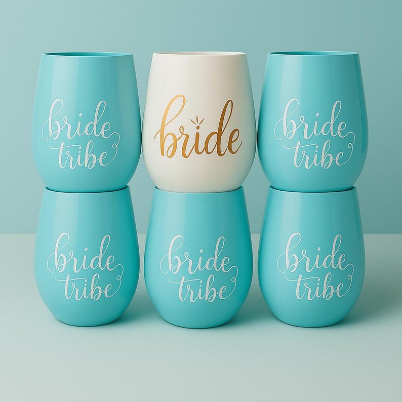 A set of six pastel-colored stemless wine glasses arranged in two rows. Five glasses are light blue with the words “bride tribe” in white cursive, and the center glass is white with the word “bride” in elegant brown script featuring a small diamond design. The setup is in a studio with soft blue background and polished lighting.