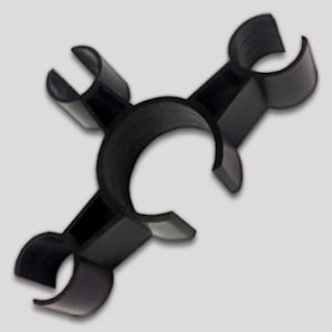 May include: Black plastic pool cue rack with three circular holders. The rack is designed to hold pool cues in a vertical position.