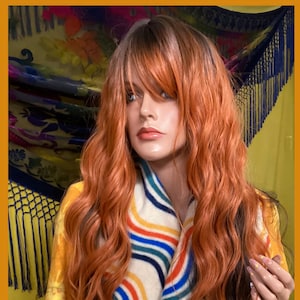 Unique long synthetic curly hair wig copper orange and black with bangs fringe