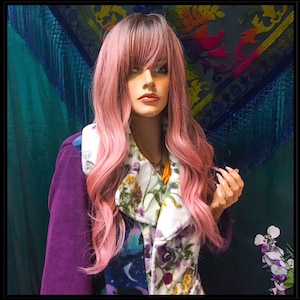 Long wavy hair dusty pink wig with long bangs fringe skin top light pink dark rooted synthetic hair