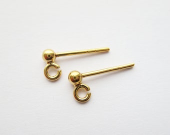 Clous d'oreilles avec tige, boule 3 mm, anneau ouvert, argent sterling massif 925 plaqué or