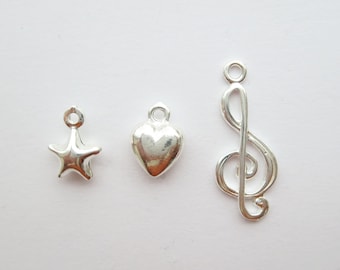 Solid Sterling Silver 925 Heart Star Treble Clef Pendant Charm Findings Different Quantities 1 , 2 , 5 , 10 pc