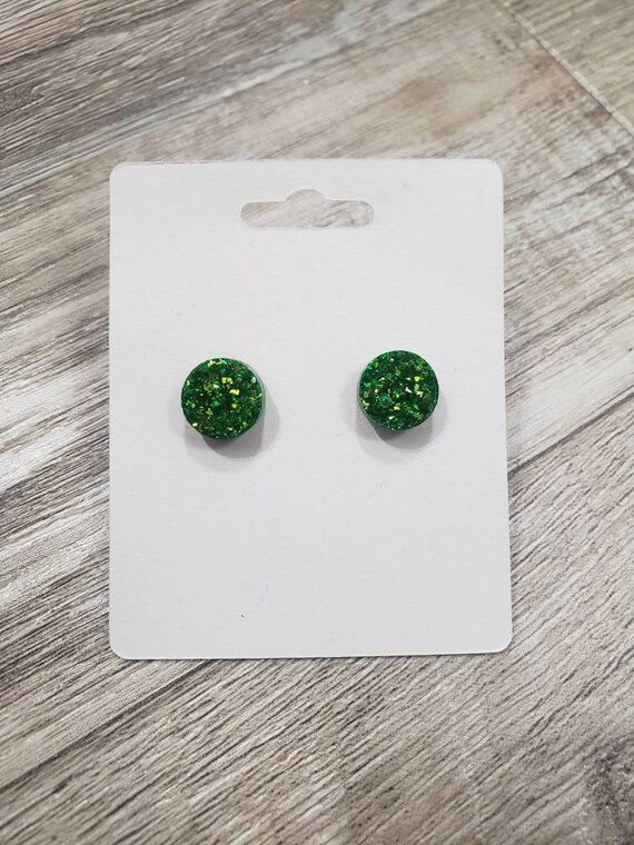 STAINLESS STEEL GREEN GLITTER EARRINGS 10mm Round Circle Stud Post Pair Unisex STAINLESS STEEL GREEN GLITTER EARRINGS 10mm Round Circle Stud Post Pair Unisex