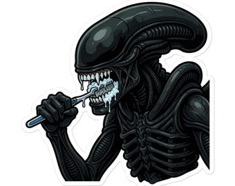 Xenomorph Alien Brushing Teeth Sticker: Durable Vinyl Decal