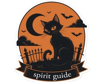 Black Cat Spirit Guide Sticker: Halloween Moon, Bats, Cemetery Fence Vinyl Decal