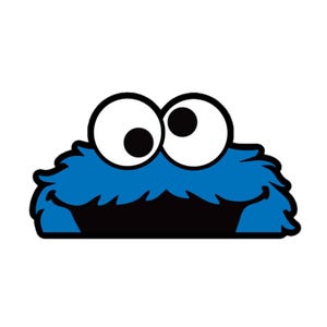 May include: A graphic sticker featuring the blue, furry face of a character with two large, white, googly eyes that are looking in different directions. The character has a wide, black, open mouth and a thick black outline against a white background.