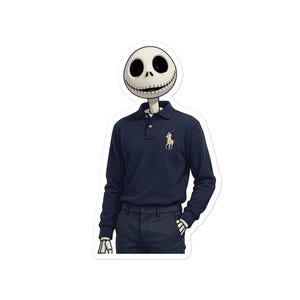 May include: A skeleton figure with a round white skull, large black eye sockets, and a stitched mouth, wearing a long-sleeved navy blue polo shirt with a light-colored embroidered horse logo on the chest and matching navy blue trousers.