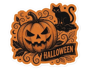 Spooky Halloween Pumpkin Black Cat Sticker – Durable Vinyl Decal