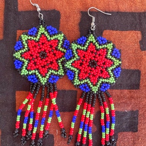 Shipibo Beaded Earrings - Red/Blue Mandala - Handmade in Peru