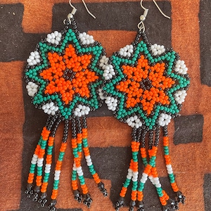 Shipibo Beaded Earrings - White/Green/Orange Mandala - Handmade in Peru