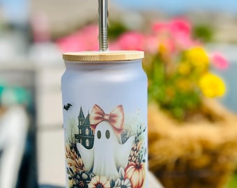 Spooky Ghost Frosted Can Glass - Halloween Floral Tumbler with Straw