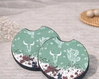 Posavasos para coche con estampado de cactus y vaca: accesorios para portavasos estilo western