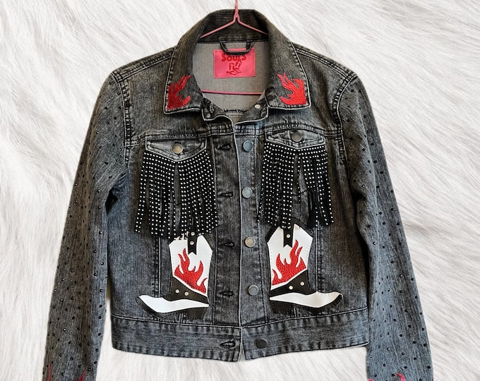 Cowboy Boot Flame Denim Jacket • Upcycled Denim • Cowgirl Outfit • Cowgirl Jacket • Bespoke Denim Jacket