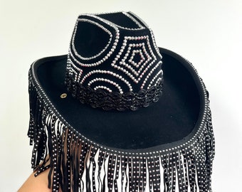 Black Suede Rhinestone Cowboy Hat with Fringe