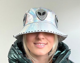 Metallic Rhinestone Alien Bucket hat • Festival Bucket Hat • Space Hat • Festival Hats • Metallic Bucket Hat • Alien Hat