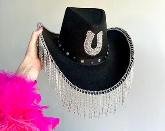 Rhinestone Horseshoe Cowboy Hat • Black Rhinestone Fringe Cowboy Hat • Festival Cowgirl • Black Stetson Hat • Bachelorette Cowboy Hat