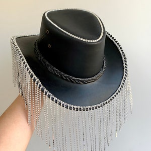 Black Leather Rhinestone Fringe Cowboy Hat: Festival Cowgirl Style
