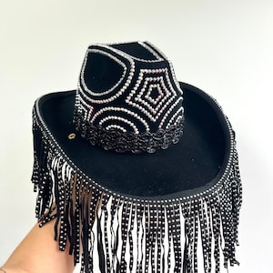 Black Suede Fringe Cowboy Hat • Black Stetson Style Cowboy Hat • Black Cowgirl Hat • Rhinestone Cowboy Hat