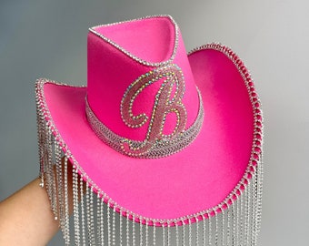 Hot Pink Rhinestone Fringe Cowboy Hat • Hot Pink Cowgirl Hat • Personalised Hen Party Hat • Bachelorette Hat