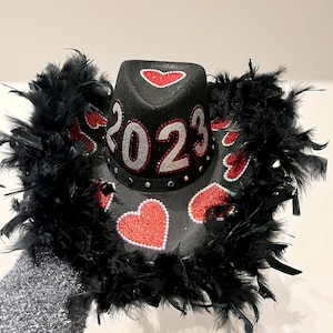Black Feather Trim Cowboy Hat: Rhinestone Love Heart Cowgirl, Festival Hat