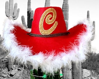 Christmas Fancy Dress Hat Santa Hat Red Velvet Christmas Cowboy Hat: Feather Trim Santa Hat Cowboy Hat For Christmas Father Christmas Hat