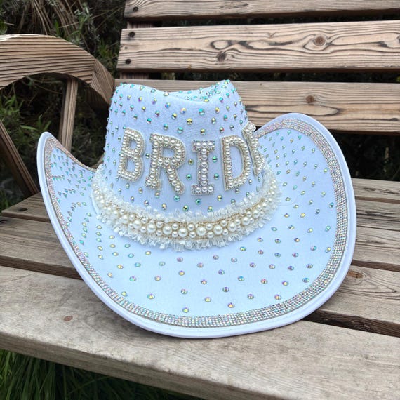 Bachelorette Bride Pearl-Embellished White Cowboy Hat White Bride Patch Hat - Bridal Cowboy Hat - Bridal  main image 2