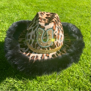 Leopard Print Horseshoe Cowboy Hat • Animal Print Cowgirl Hat • Shania Twain Cowboy Hat • Leopard Print Cowboy Hat • Rhinestone Cowgirl Hat