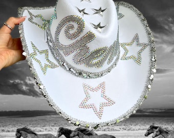 Personalisierter Strass Cowboyhut: Weißer Cowgirl-Partyhut