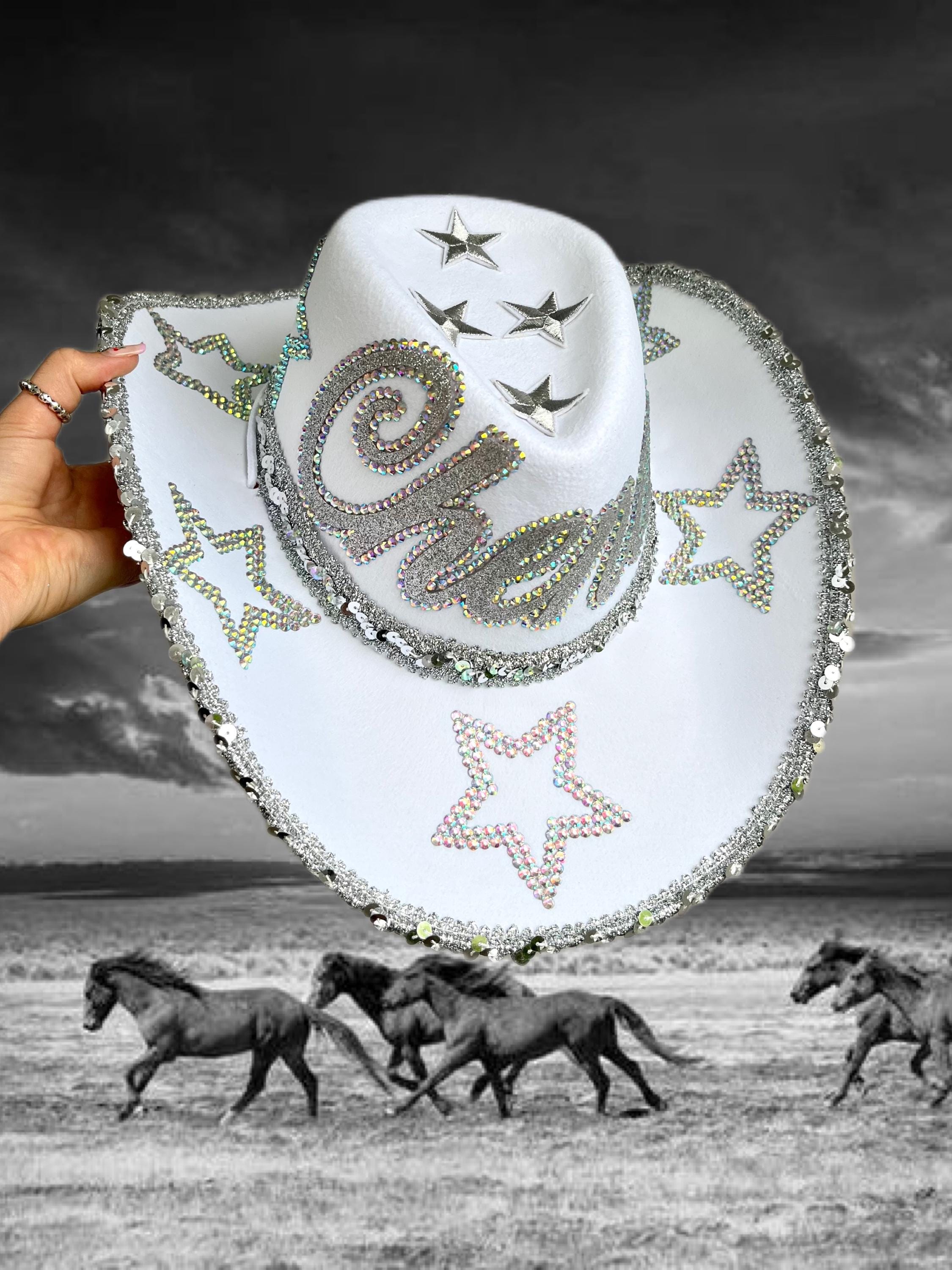 Personalized Rhinestone Cowboy Hat: White Cowgirl Party Hat 