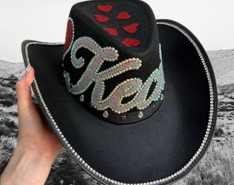 Personalised Cupid Cowboy Hat • Black Stetson Hat • Rhinestone Cowboy Hat • Black Cowgirl Hat • Love Heart Hat