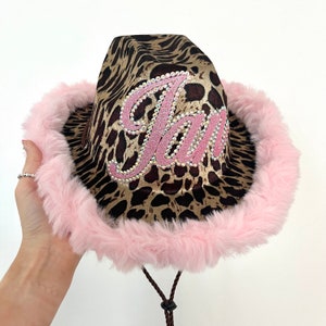 Animal Print Cowgirl Hat • Fur Trim Leopard Print Cowboy Hat • Personalised Cowboy Hat • Hen Party Hat