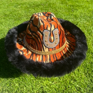 Tiger Print Rhinestone Horseshoe Cowboy Hat • Animal Print Cowboy Hat • Tiger Print Cowgirl
