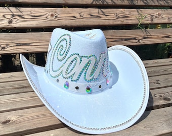 Personalisierter Strass Cowboyhut: Weißer Festival Cowgirlhut