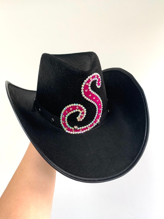 Initial Black Cowboy Hat * Cowgirl Hat * Festival Hat * Personalised Party Accessories * Rhinestone Cowboy Hat