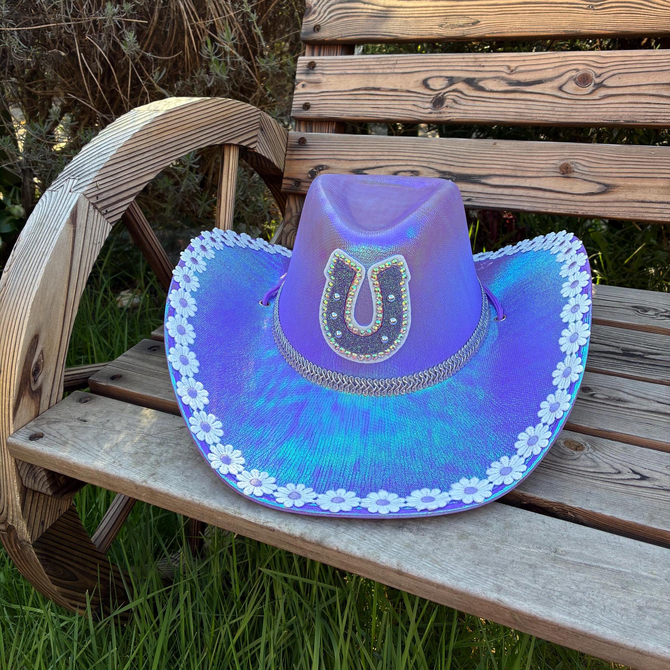 Purple Rhinestone Cowgirl Hat: Embroidered Daisy Trim, Rodeo  display picture 3