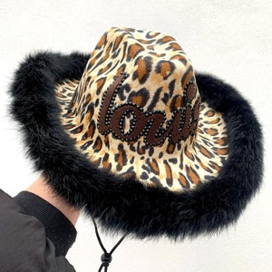 Cowgirl Hat • Fur Trim Leopard Print Cowboy Hat • Personalised Cowboy Hat • Hen Party Hat