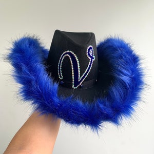 Personalised Black Cowboy Hat with Electric Blue Fur Trim • Cowgirl Hat • Rhinestone Cowboy • Bachelorette Party Hat