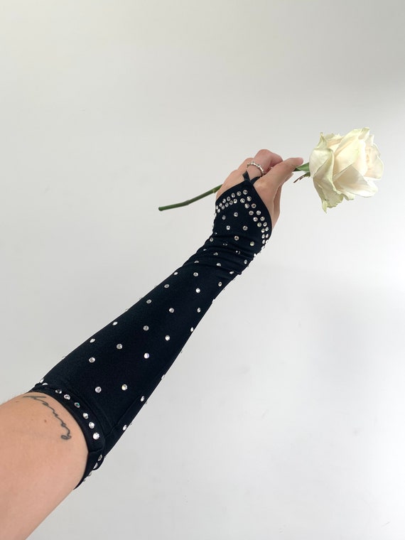 Crystal Rhinestone Fingerless Gloves: Long Black Satin Festival Gloves