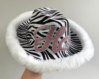 Zebra Print Cowgirl Hat: Fur Trim, Personalized Initial - Etsy display picture 1